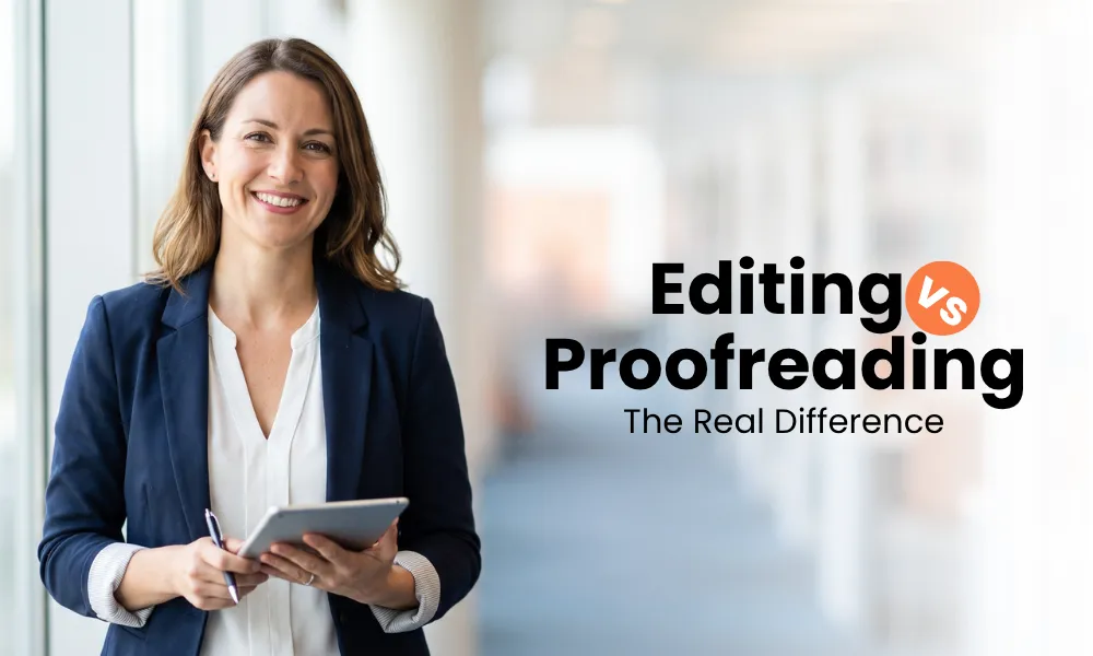 Editing vs Proofreading guide featuring a professional editor explaining the real difference between editing and proofreading services.