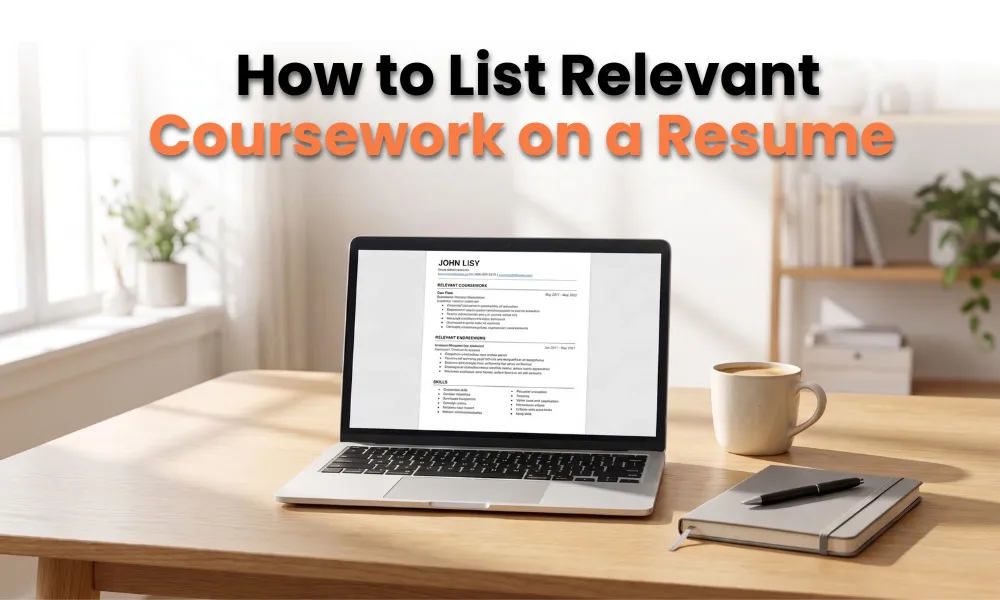 Resume with relevant coursework section displayed on a laptop for students creating a job-ready resume.