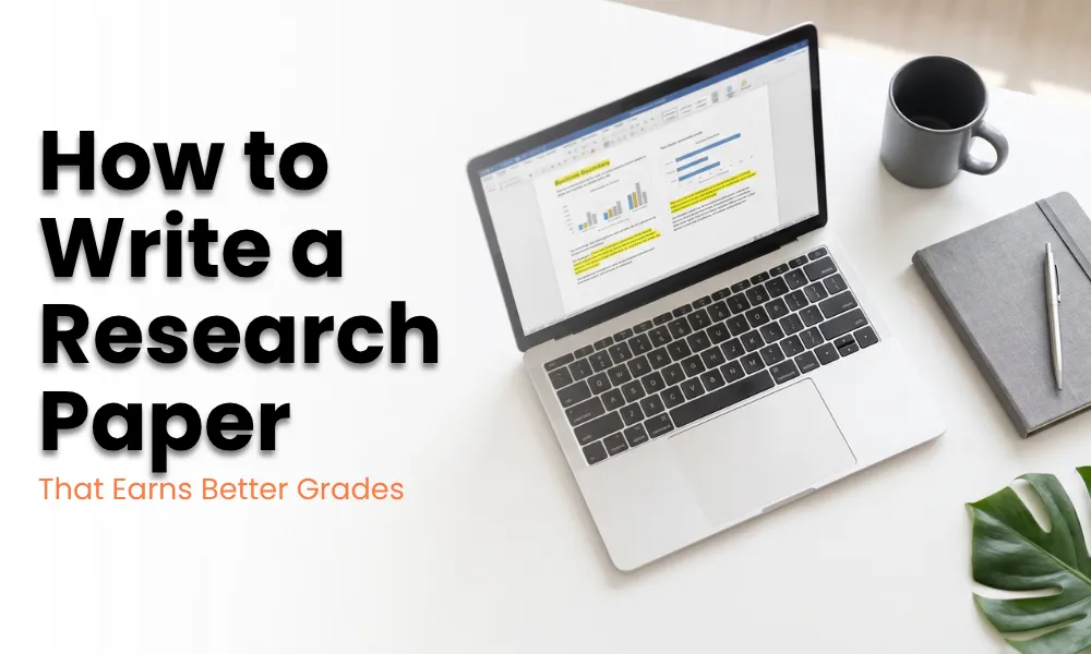 Research paper writing workspace with a laptop, notebook, and study materials for better academic results.