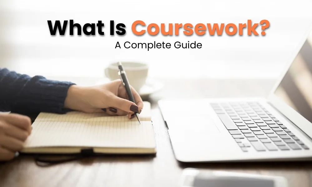 Student writing coursework notes next to a laptop for a complete guide on what coursework is.