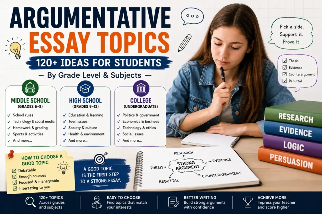 Student exploring 120+ argumentative essay topics by grade level and subject, with research, evidence, thesis, counterargument, and rebuttal tips.