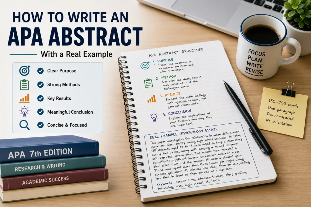 APA abstract writing guide showing purpose, methods, results, conclusion, 150–250 word format, and a real psychology abstract example.
