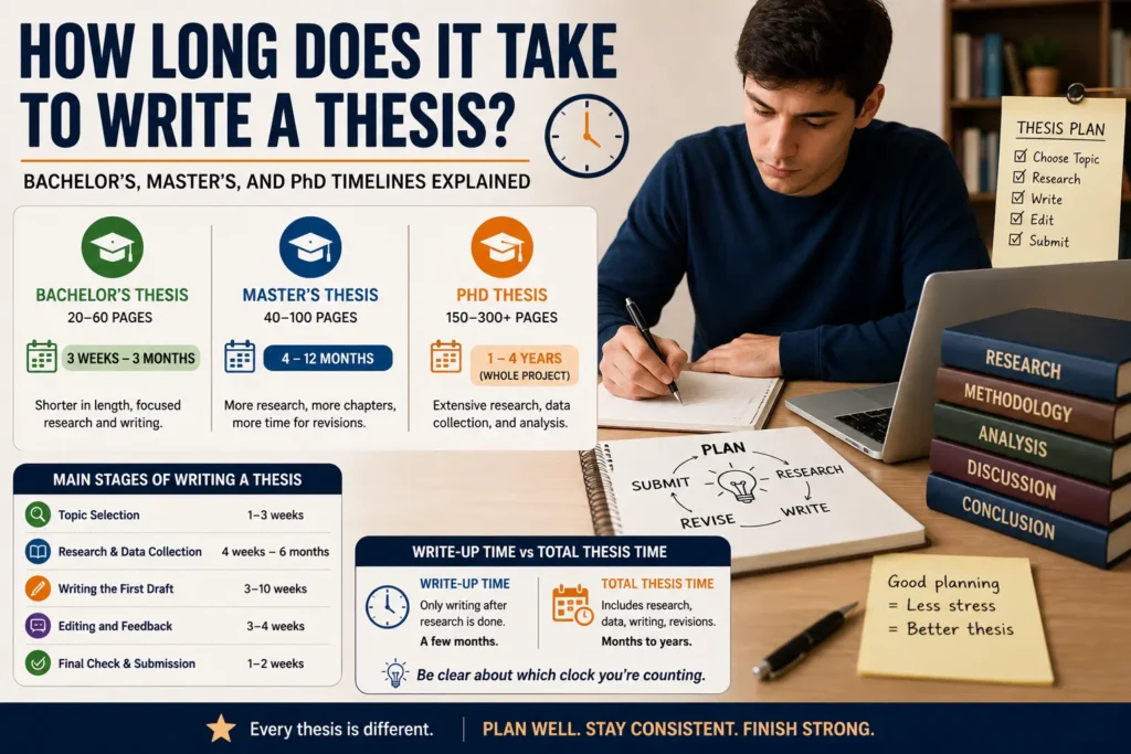 Student writing a thesis with bachelor’s, master’s, and PhD timelines, research stages, editing steps, and thesis planning tips.