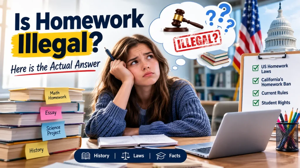 Student wondering if homework is illegal, with books, US homework laws, California homework ban, current rules, and student rights.
