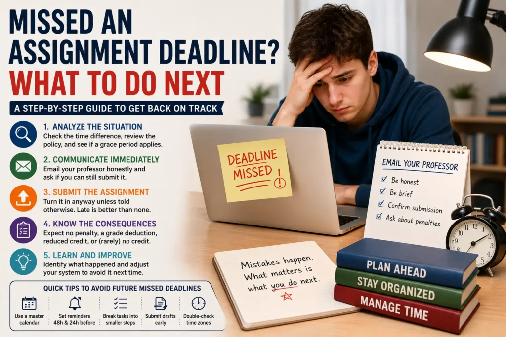 Student stressed after missing an assignment deadline, with steps to email a professor, submit late work, understand penalties, and plan ahead.